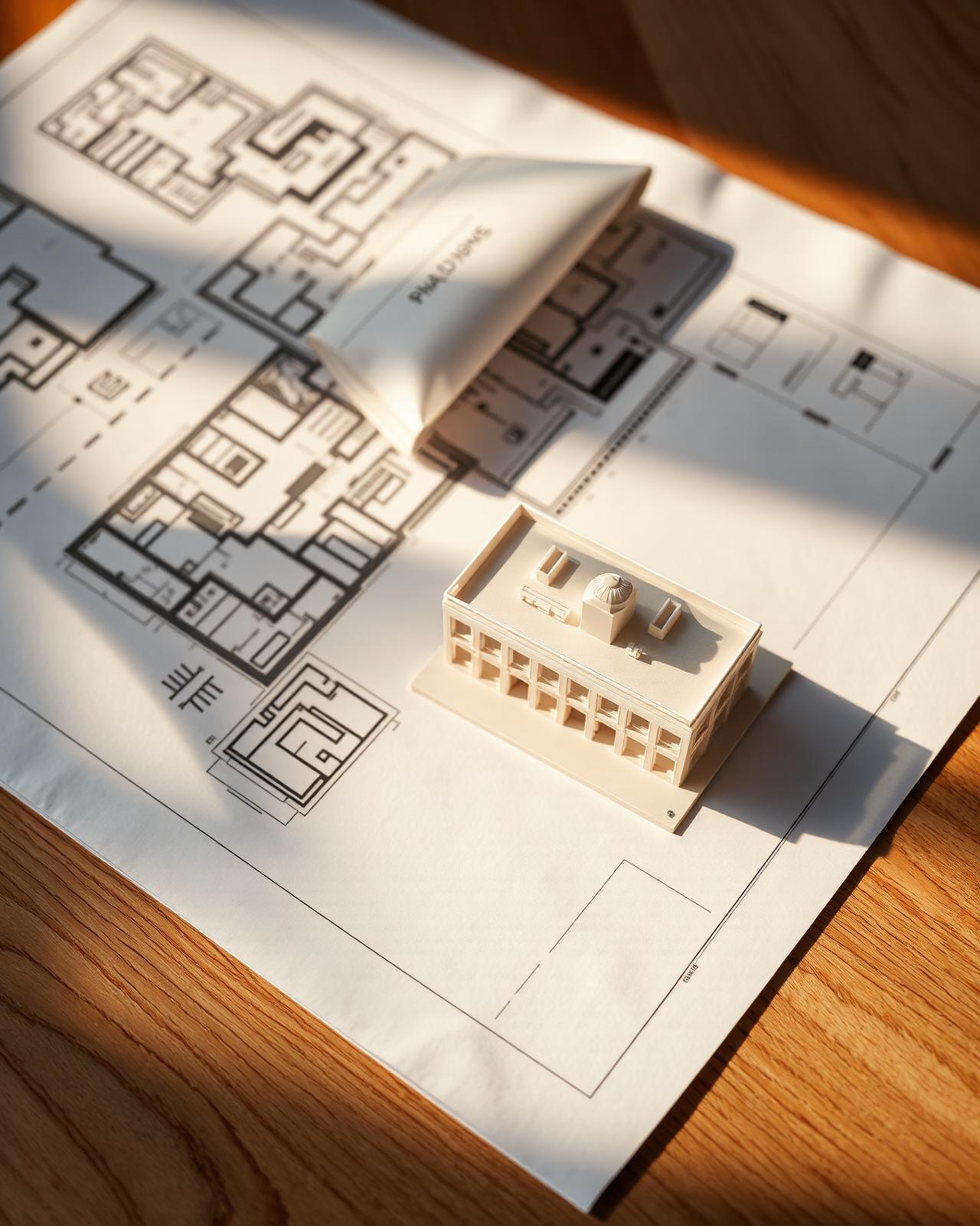 Architektonische Pläne und modernes Gebäudemodell — saubere Beteiligungsstruktur